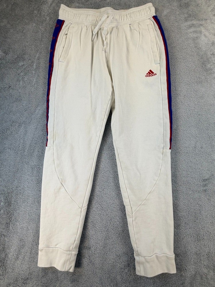 Adidas Essentials Fleece Joggers Men’s M White Red Blue Side Stripe Sweatpants