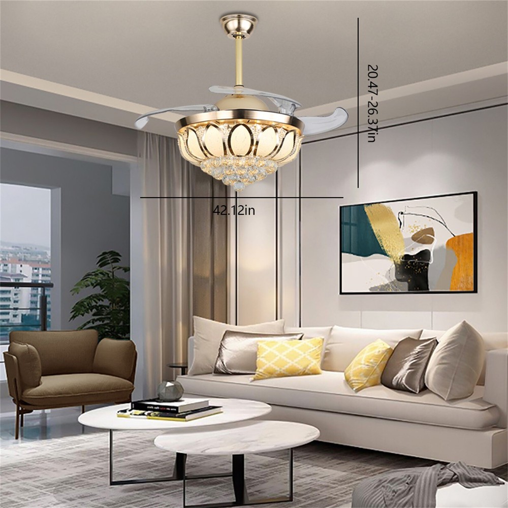 42 Inch Crystal LED Chandelier with Invisible Ceiling Fan and Remote Control