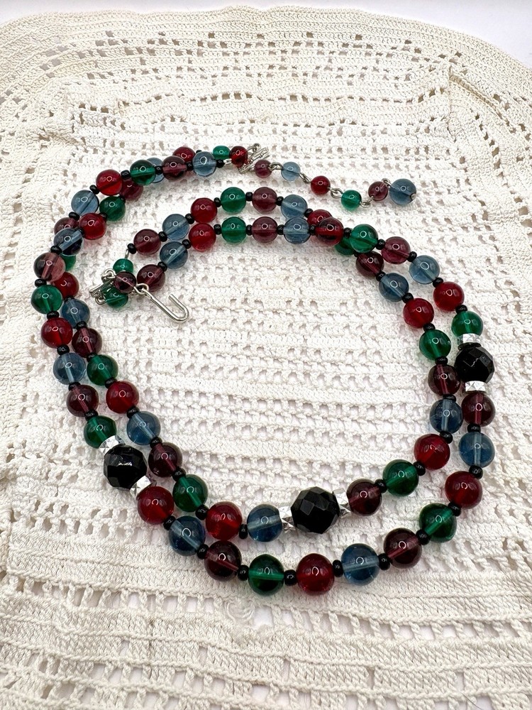Vintage Pressed Glass Bead Multicolor Double Strand Adjustable Hook Necklace