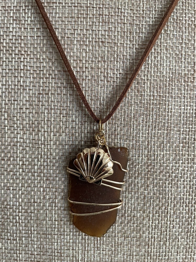 GENUINE Beach Tumbled Brown SEA GLASS Pendant Necklace 18” OOAK Artisan Made