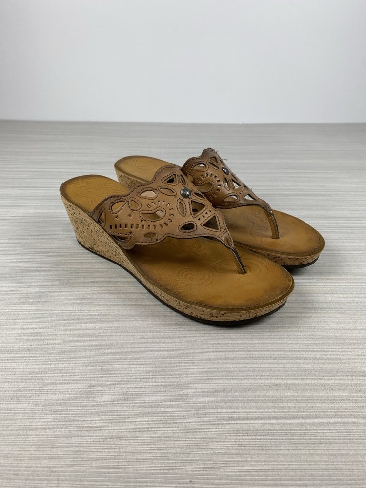 Clarks Mimmey Anne Women's 7.5 M Tan Boho Wedge Thong Sandals Summer