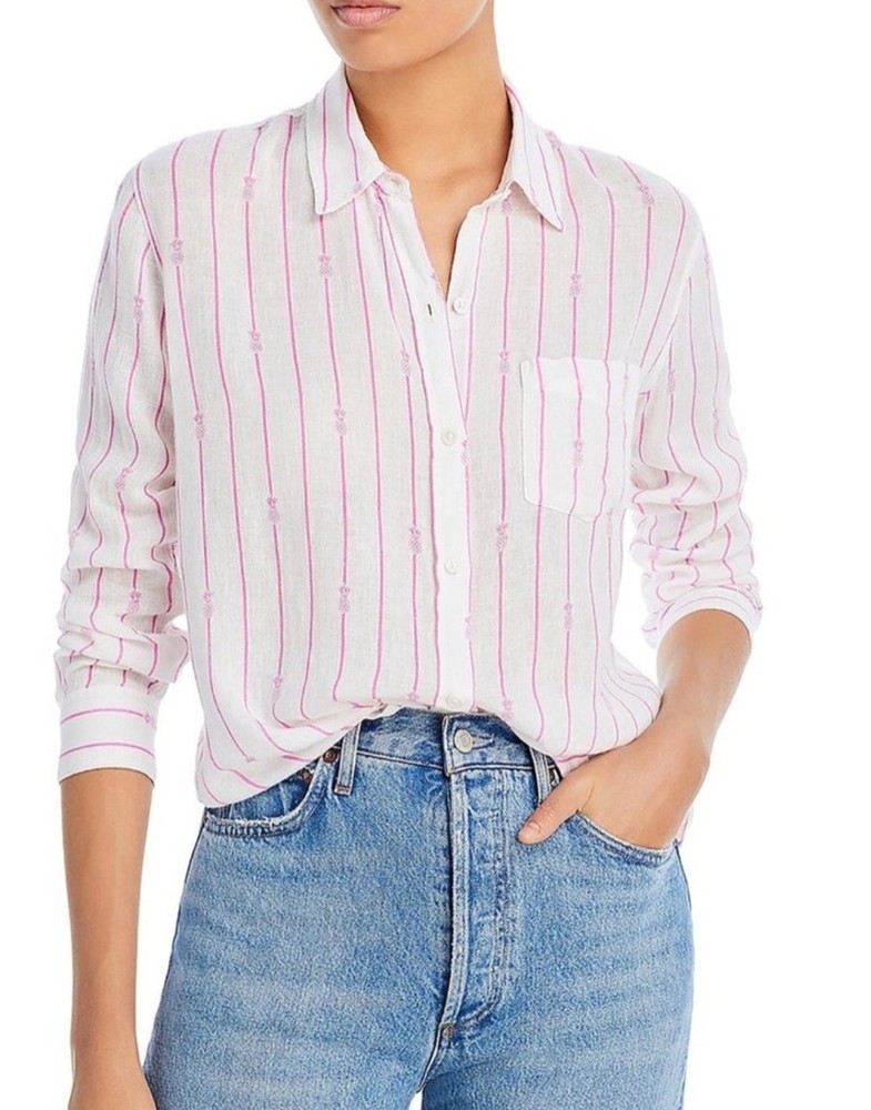 Rails Charli White Pink Pinapple Stripped Linen Button Down Blouse Sz XS Relaxed