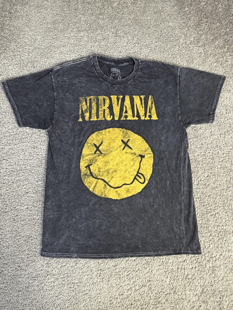 Nirvana Shirt Mens L Black Smiley Face Graphic Crew Neck Tagless Cotton