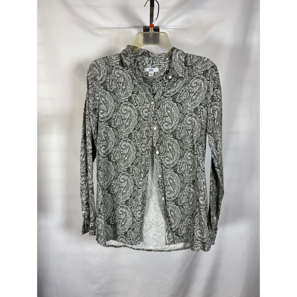 Croft & Barrow Womens Small Black White Paisley Button Down Shirt Long Sleeve