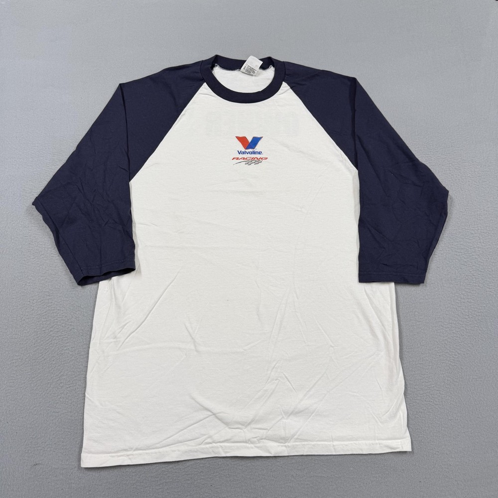 Valvoline Racing Owner Shirt Mens Large White 3/4 Sleeve Raglan Baseball Tee