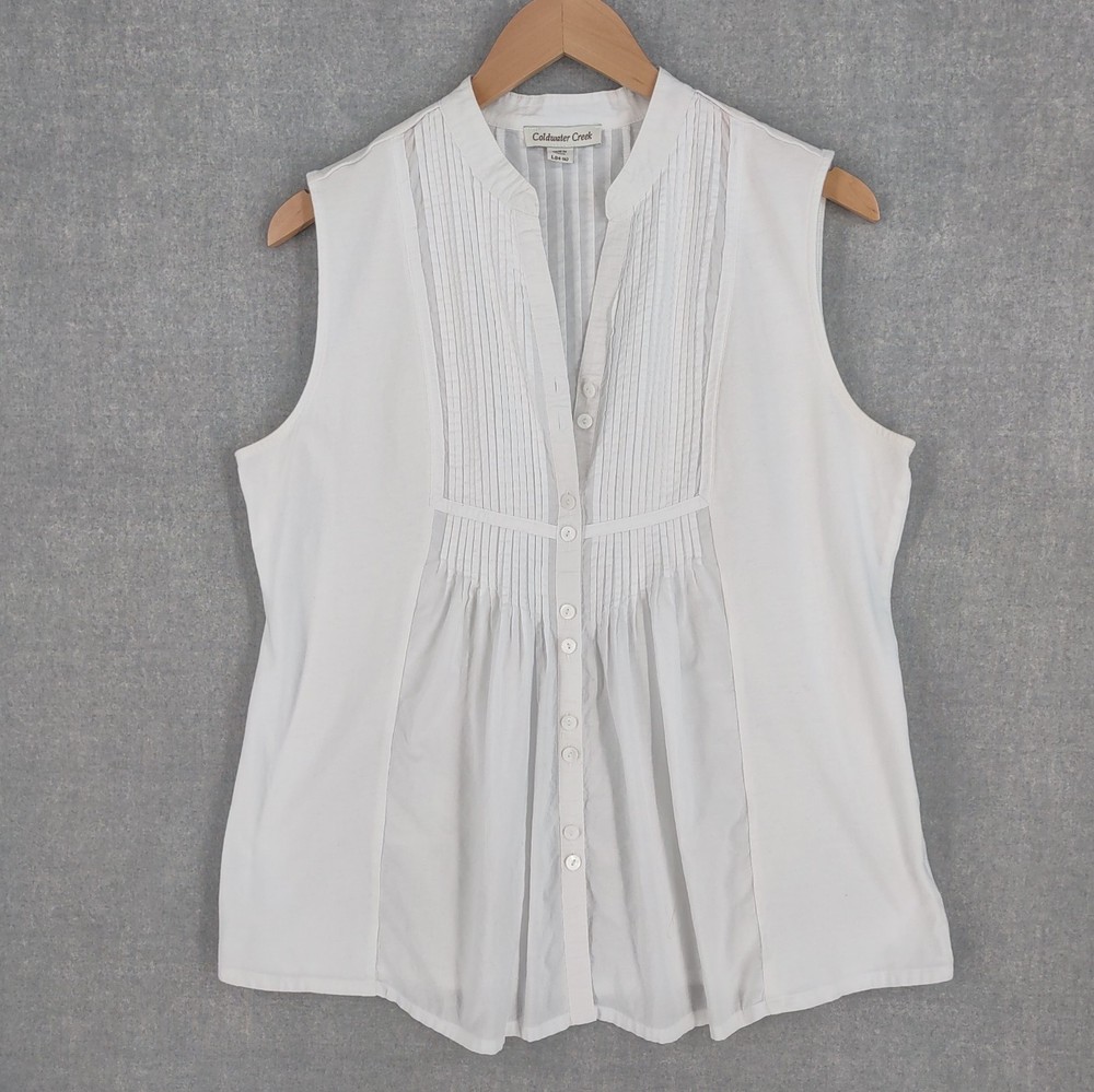 Coldwater Creek Top Large White Sleeveless Pleated Button Up Minimalist Coastal