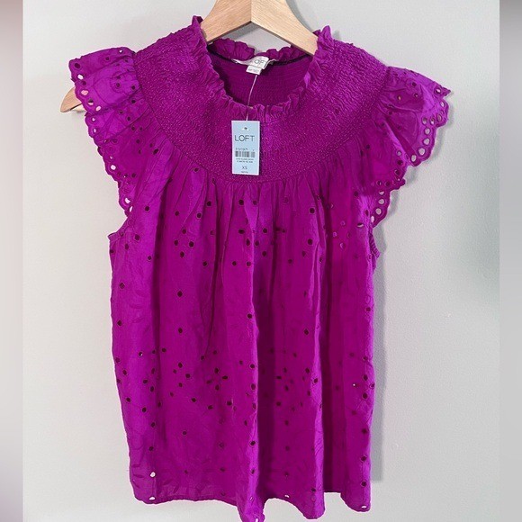 LOFT Magenta Eyelet Smocked Ruffle Sleeve Blouse XS Feminine Summer Top