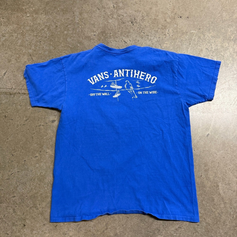 Vans Mens Large Blue Graphic T-Shirt Off The Wall On The Wire Skate Tee