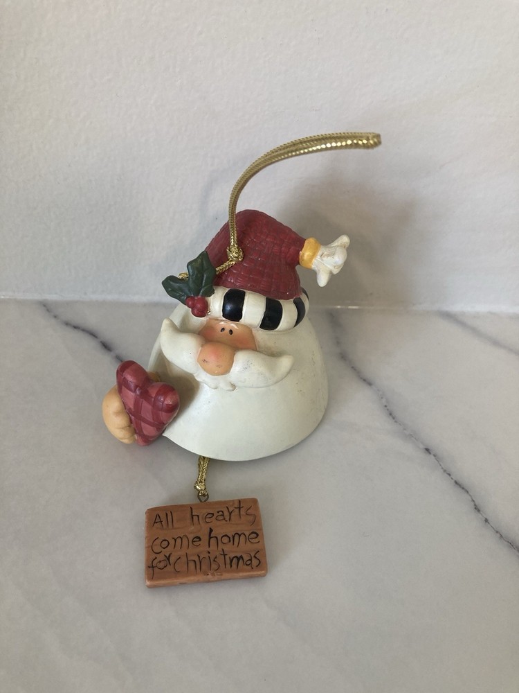 Vintage Santa Claus Bell Christmas Figurine Ornament Hand Painted Holiday Hearts