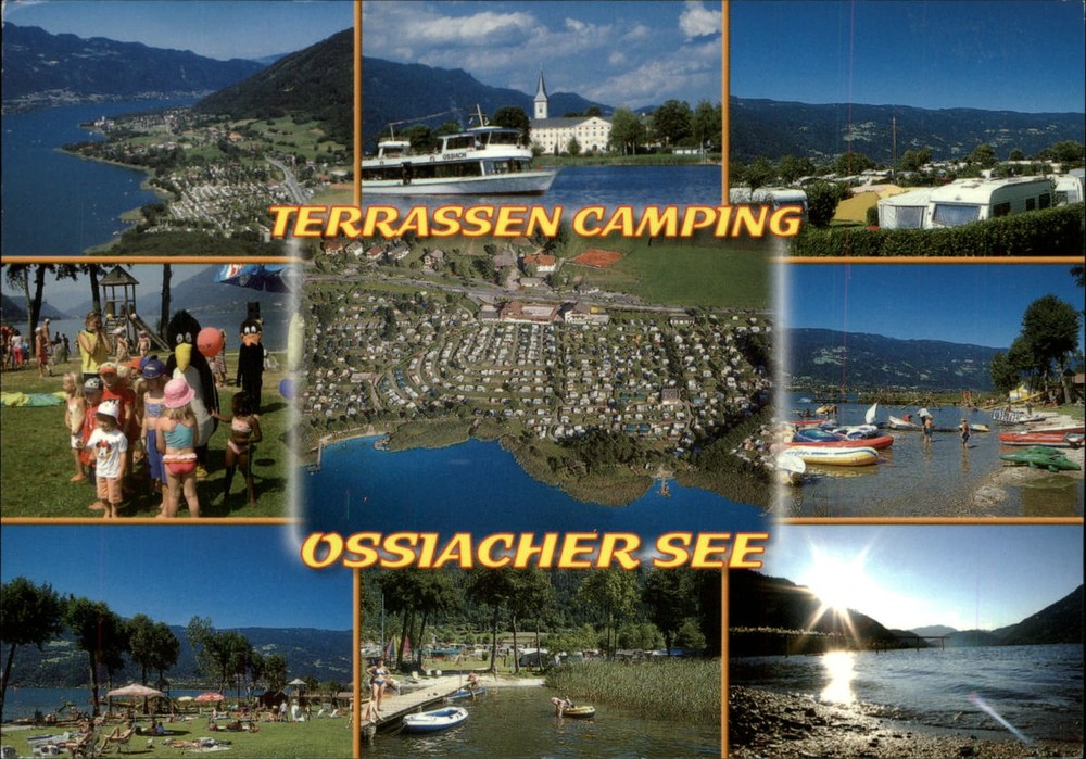 Austria Ossiach Terrassen Camping tents camper lake boats multiview ~ postcard