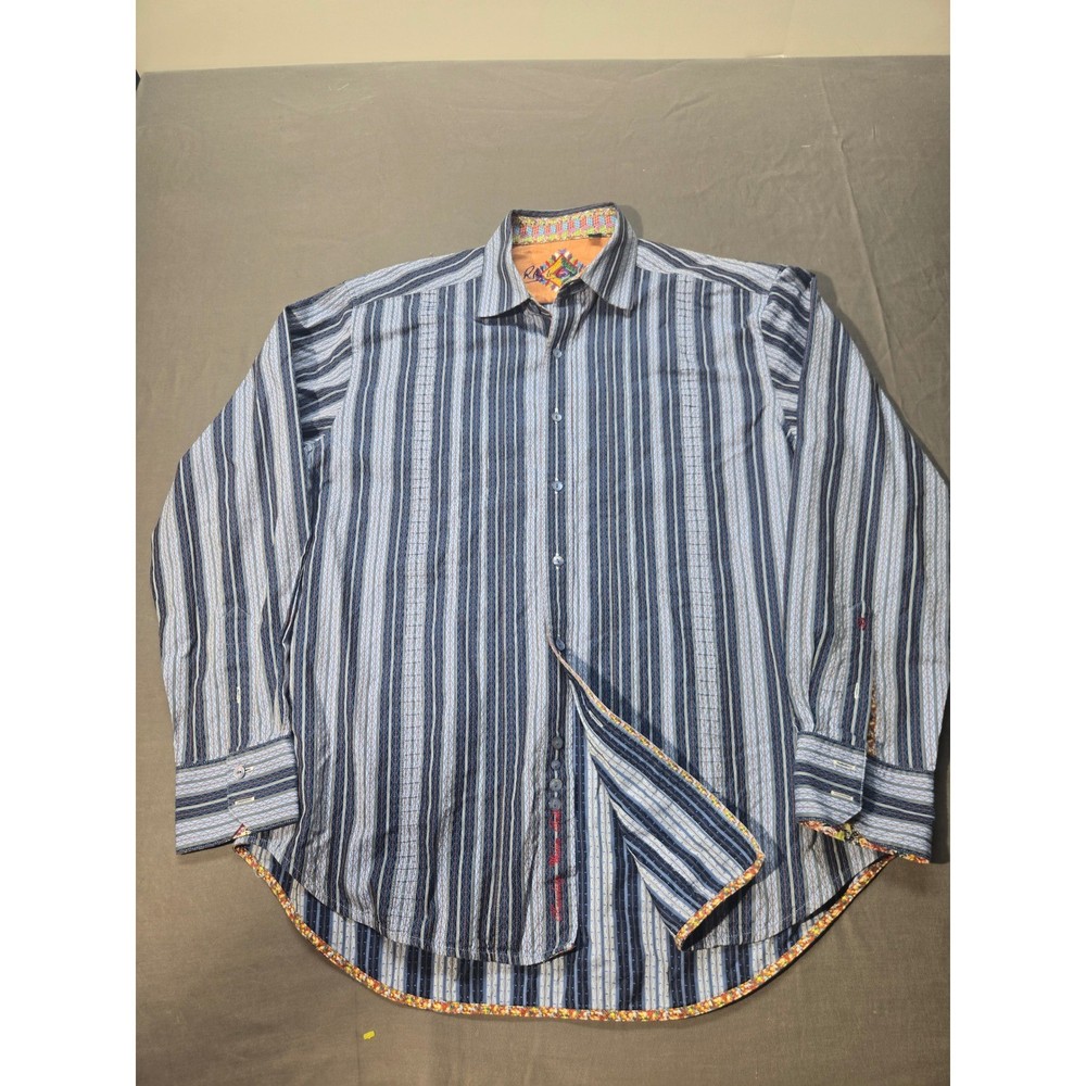 Robert Graham Men XL Blue Striped Long Sleeve Button Down Shirt Knowledge Wisdom