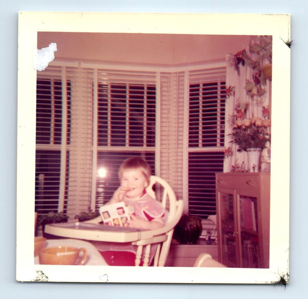 Old Vintage Square Color Photo TODDLER IN HIGH CHAIR EATING COOKIES SNAPSHOT