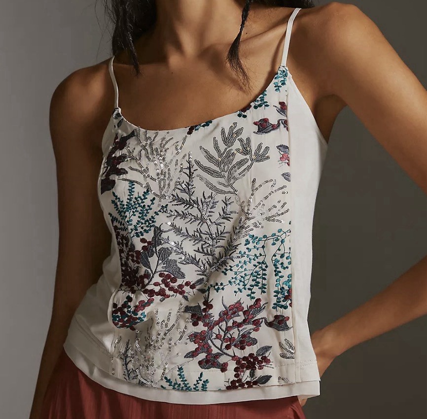 Anthropologie Tiny Nadia Coral Embroidered Tank Sequin Strappy Floral Festive M