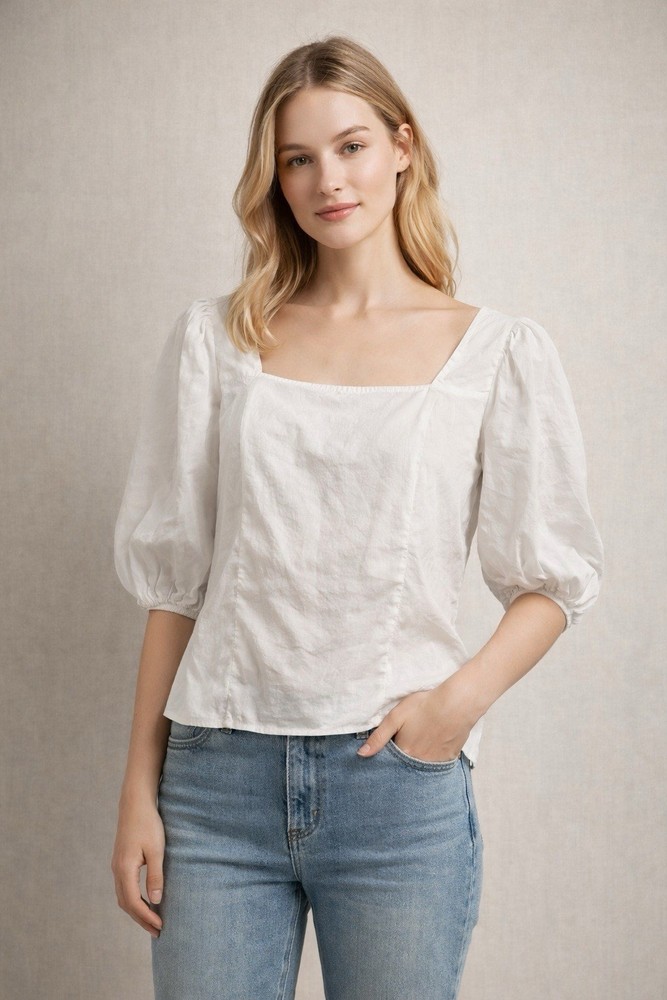 Abercrombie & Fitch White Puff Sleeve Smocked Top Square Neck Blouse Large