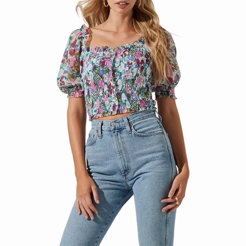 ASTR The Label Smocked Floral Crop Top Multicolor Puff Sleeve Ruffle | S