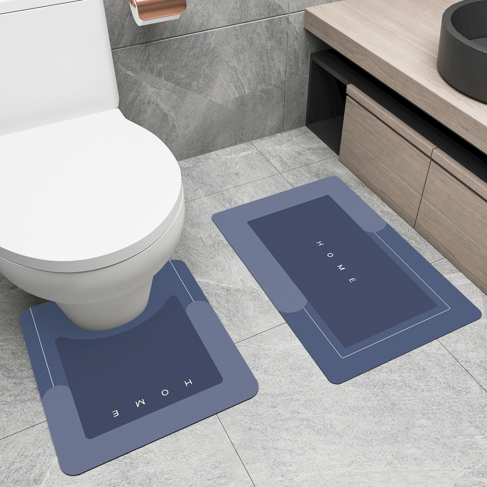 2Pcs Absorbent Bath Mat Rug Sets, Non-Slip Quick Dry Toilet Mat U Shaped Rubber