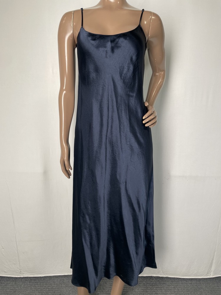 Vince Womens Midi Slip Dress Navy Blue Size S Japanese Satin Strap Sleeve Lined