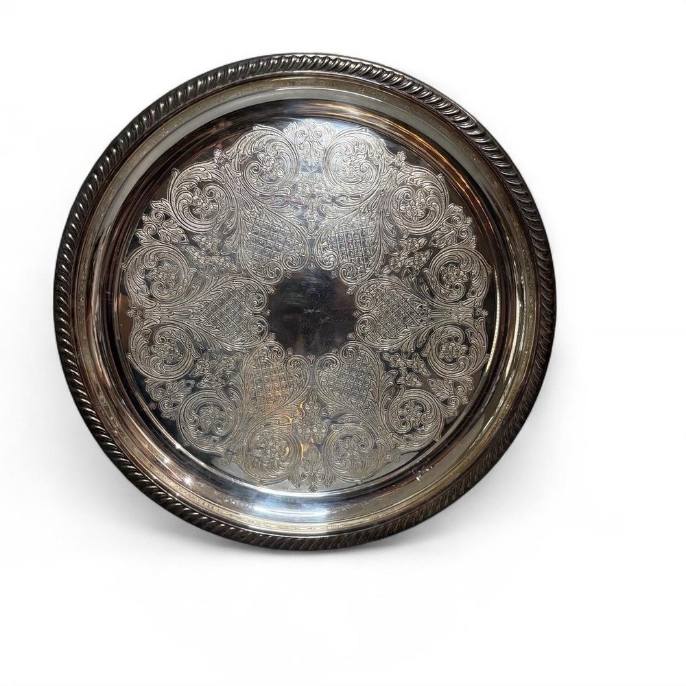 Large Vintage Silverplate Round Serving Tray 15.5” Ornate Engraved Rope Rim