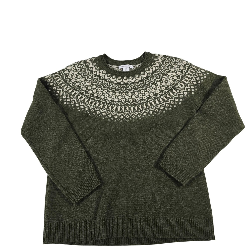 Tabitha Webb Womens Green Lambswool Blend Fair Isle Yoke Crewneck Sweater Large