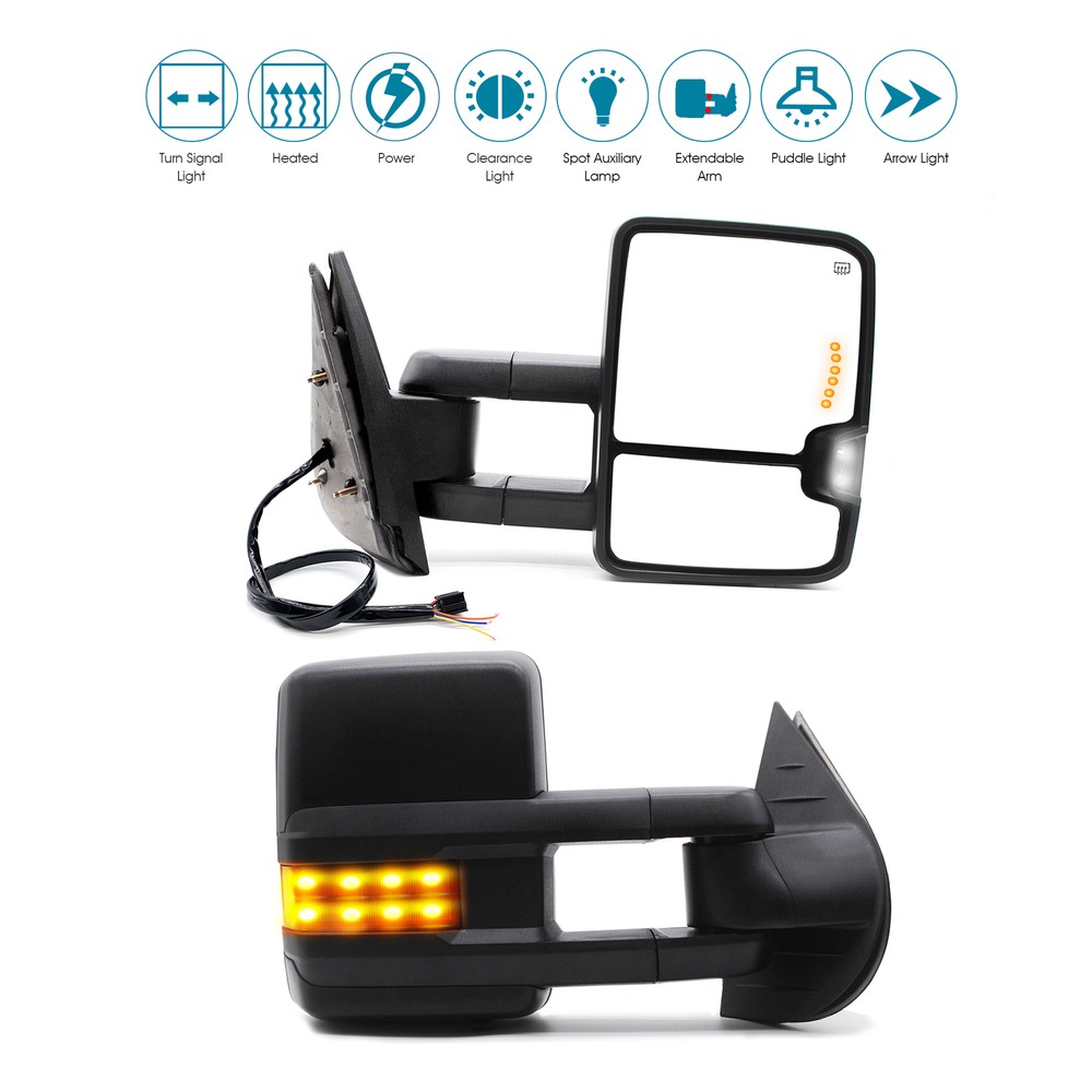 Pair Tow Mirrors Power Heated Arrow Signal For 07-11 GMC Yukon 1500 2500 Black