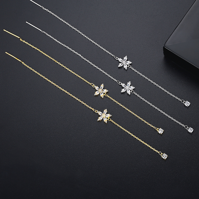 Simple Flower Star Long Copper Set Zircon Earrings Women's Gold Plated Jewelry