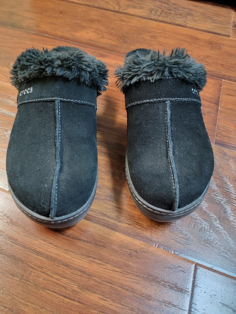 Crocs Clogs, Black Suede With Fur