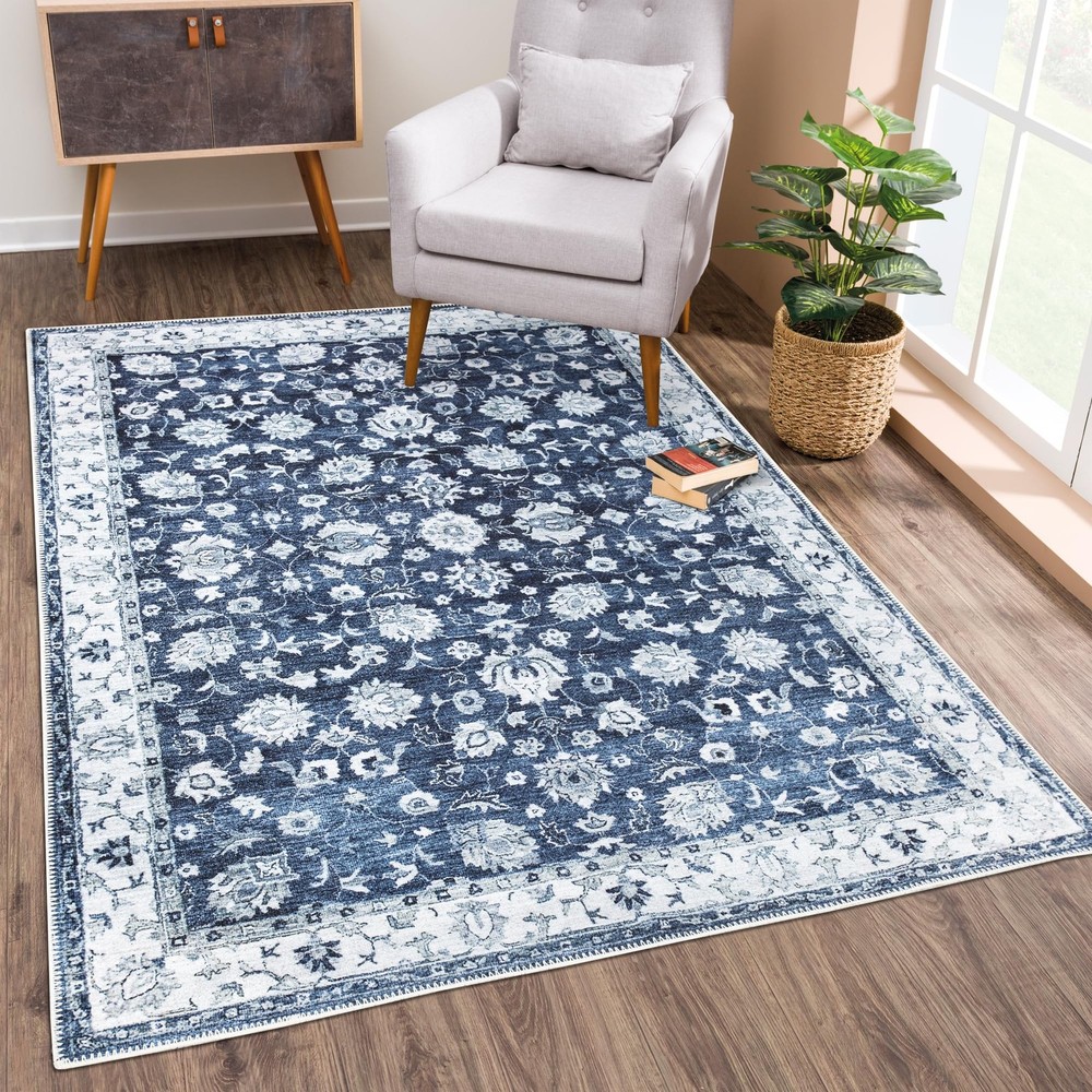 Washable Non-Slip 5' x 7' Rug - Dark Blue Traditional Bordered Area Rug for L...