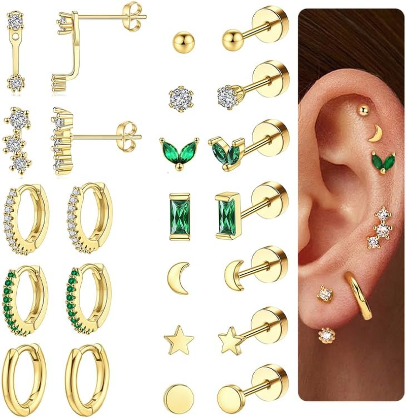 Dainty Gold Flat Back Earrings Hypoallergenic Cartilage Earring Sets for Multipl