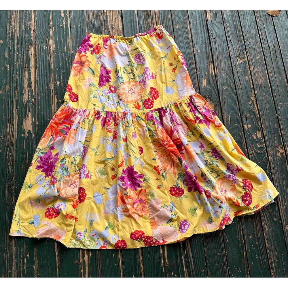 H&M Yellow Floral Tiered Midi Skirt Womens Medium Elastic Waist Boho Ruffle