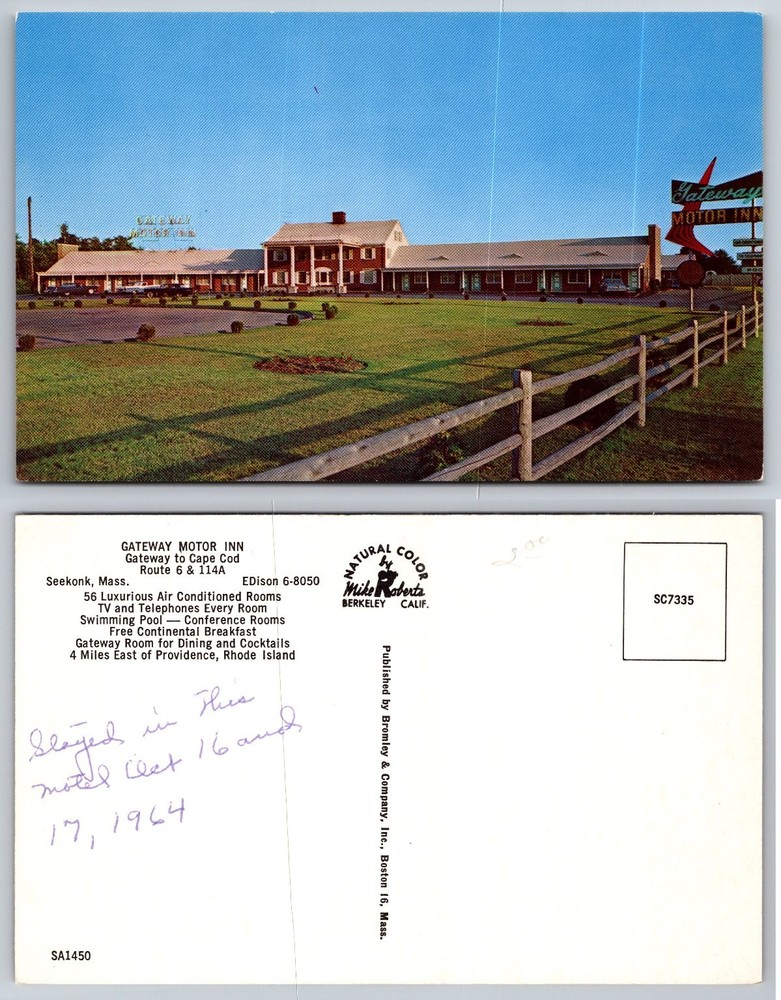 Gateway Motor Inn Seekonk Massachusetts Cape Cod Route 6 Chrome Postcard