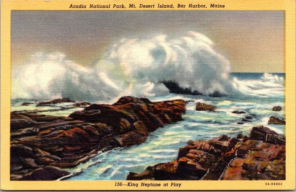 Acadia National Park ME King Neptune at Play Ocean Waves Vintage Postcard 1930s-image