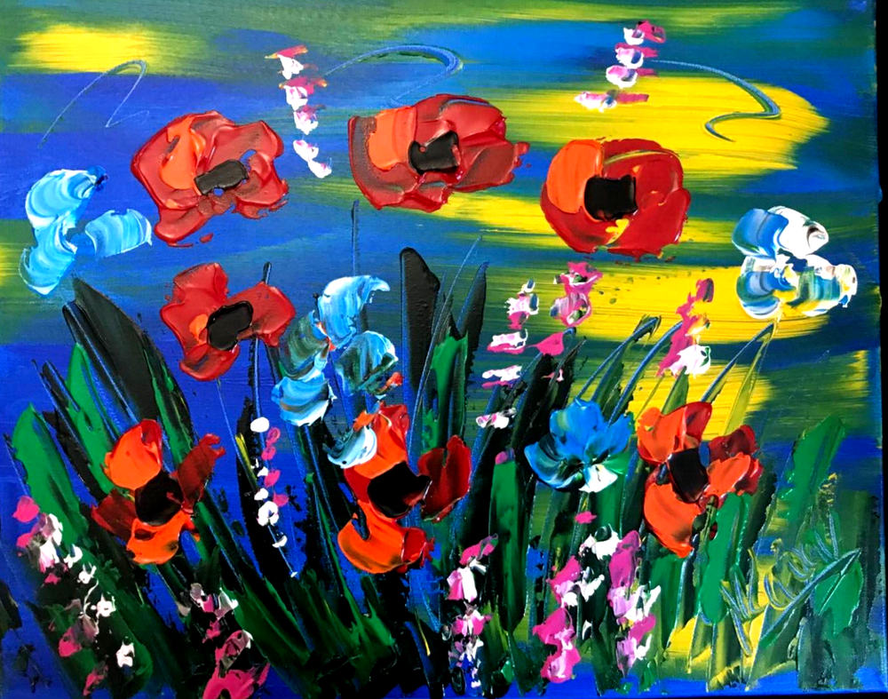 RED FLOWERS BY Mark Kazav  Abstract Modern CANVAS Original Oil Painting  4Efb