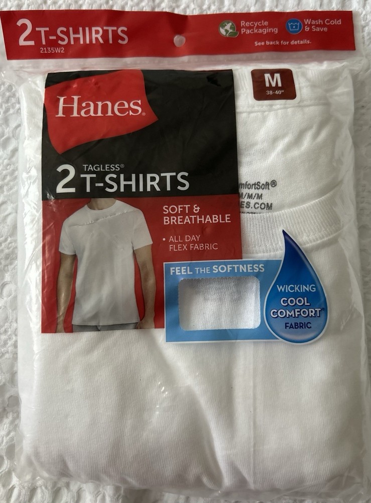 Hanes 2 Pack Men's Cotton Crew Neck T-Shirts White Size M NWT