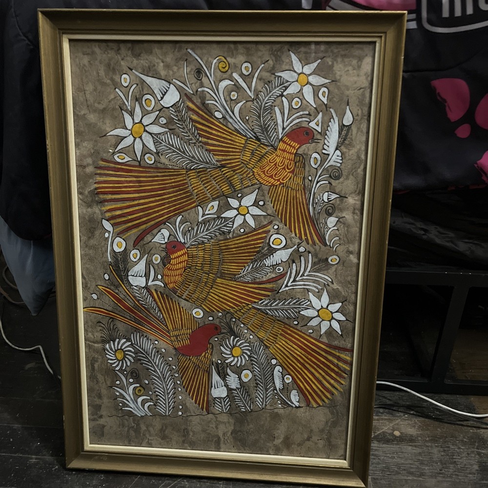 Large Vintage Hand-Painted Amate Paper Painting Size 25x 17 1/2 Aztec Birds