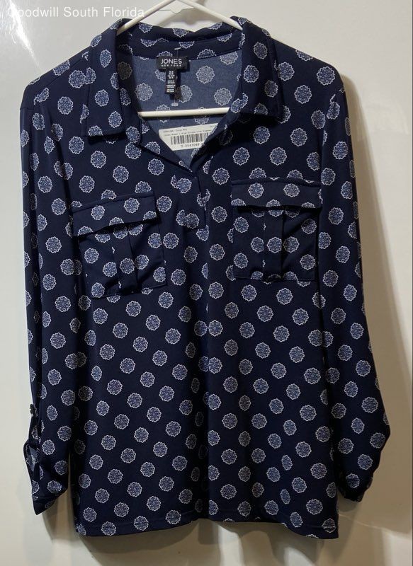 Jones New York Womens Blue Print Long Sleeve Collared Tunic Blouse Top Size M