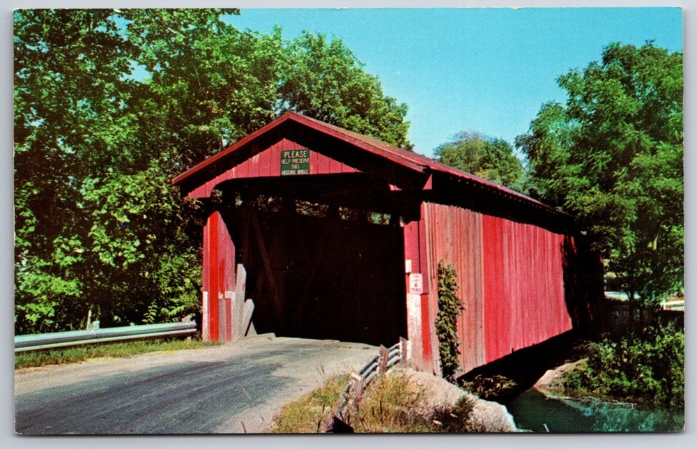 Greene County Ohio~Covered Bridge Over Creek On Stevenson Road~Vintage Postcard