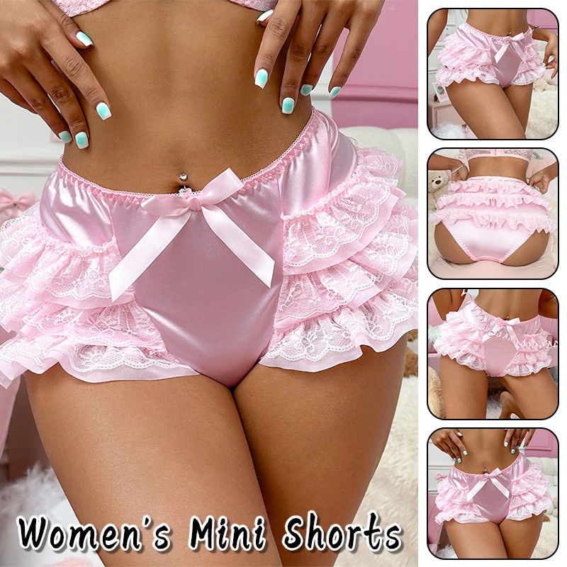 Womens Shorts Bloomers Bow Lace Trim Layered Ruffle Underpants Mini Shorts