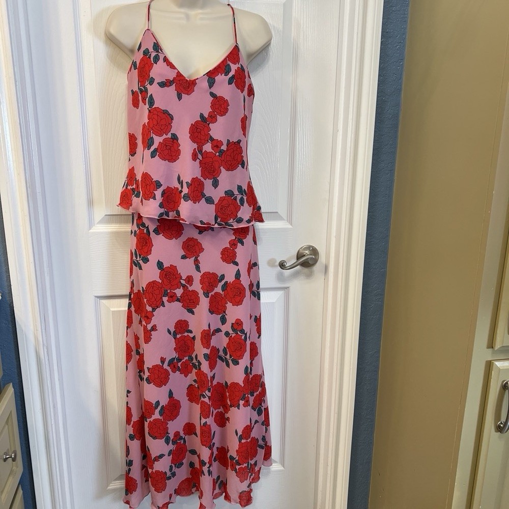 Women’s Pink Red Floral Midi Skirt & Sleeveless Top Set Large Garden WeddingUnderarm To Underarm 19in