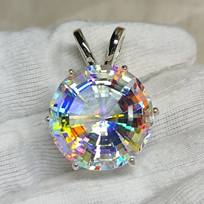 925 Sterling Silver Mystic Topaz Pendant with 21MM Art Deco Fantasy Cut