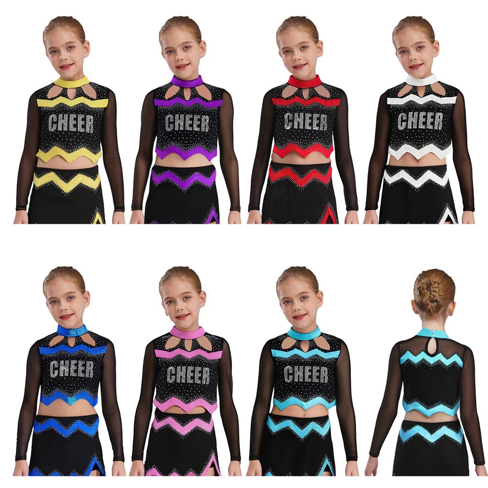 Kids Girls Cheer Leader Dance Shirts Sparkly Rhinestone Long Sleeve Crop Top
