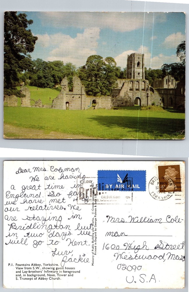 Fountains Abbey Yorkshire England Postcard 1972 Posted UK Ruins Historic