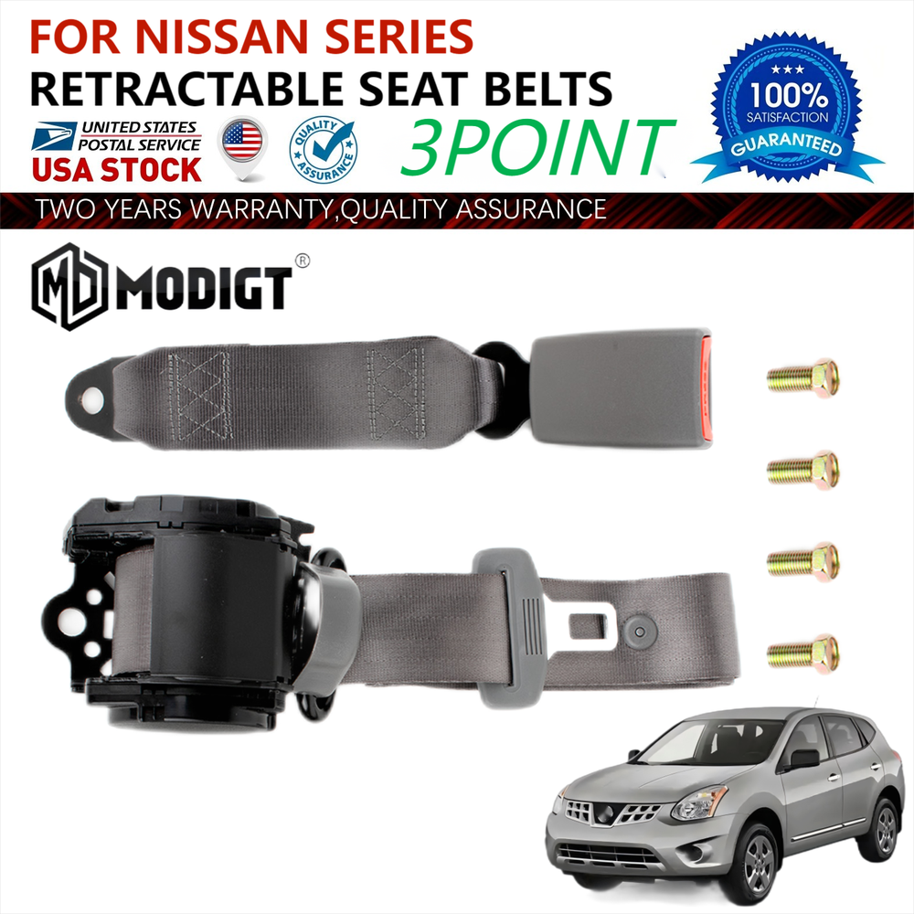 Gray 3 Point Seat Belt Set Retractable & Adjustable For Nissan Quest Replace