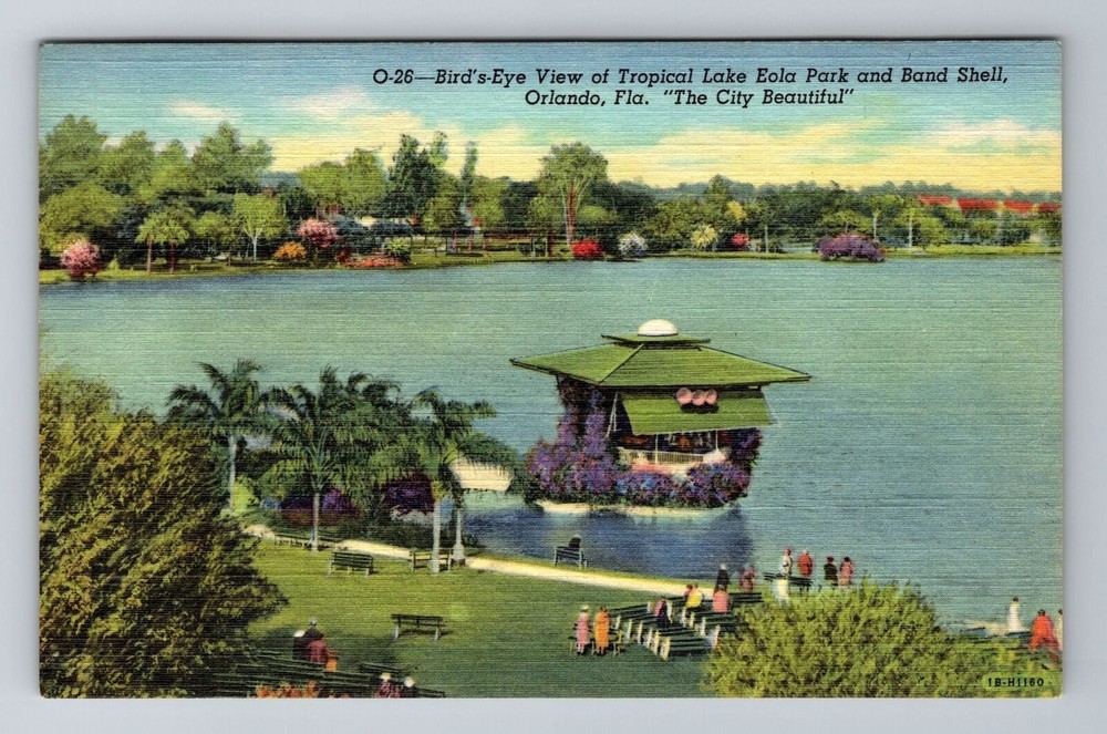Orlando FL-Florida, Birds Eye Lake Eola Park Band Stand Antique Vintage Postcard