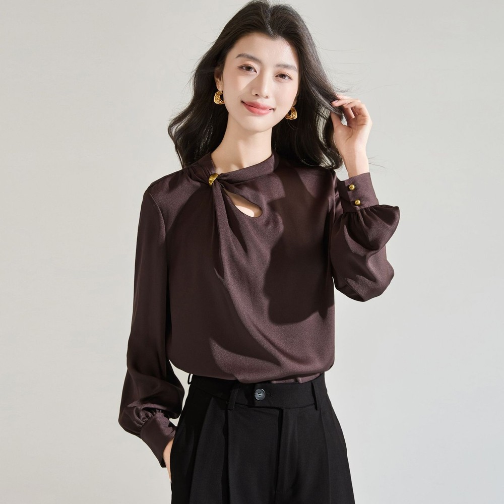 2026 Spring Womens Blouse Satin Silk Top Long Sleeve Hollow OL Formal Shirt Tops