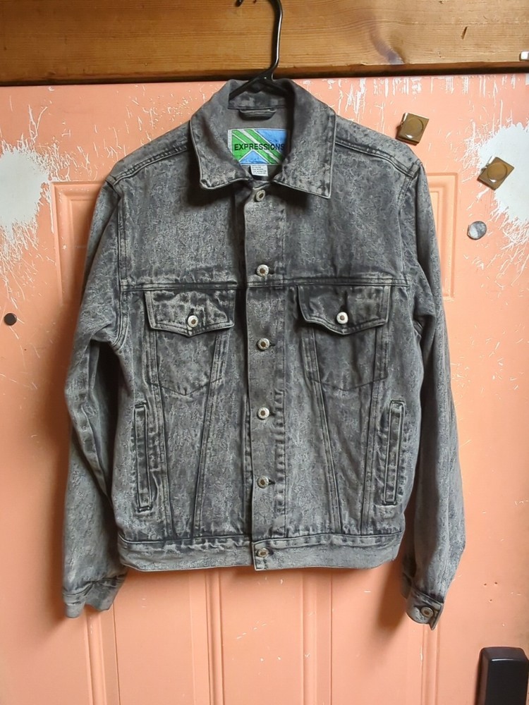 Vintage 80s Men's Expressions Black Acid Wash Denim Trucker 4 Pocket Jacket