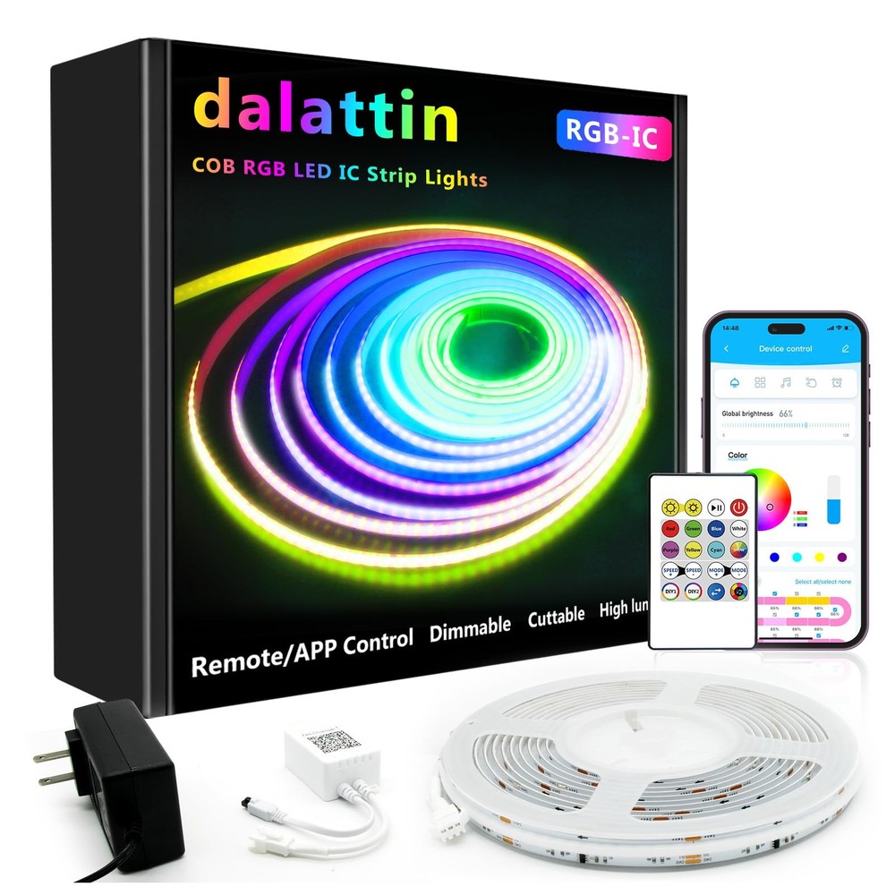 Smart RGB COB LED IC Strip Lights, 576 LEDs/m Addressable High Density Flexib...