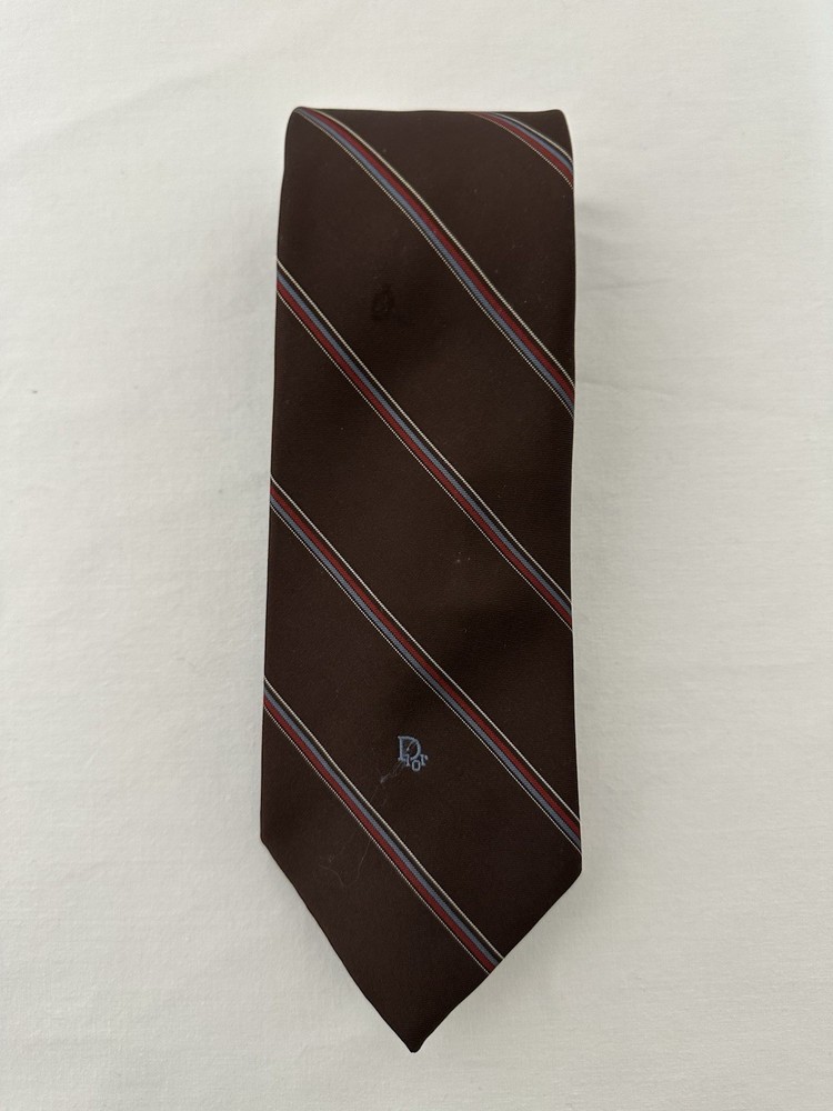 Vintage Christian Dior Tie Brown Striped Silk Blend Logo Designer