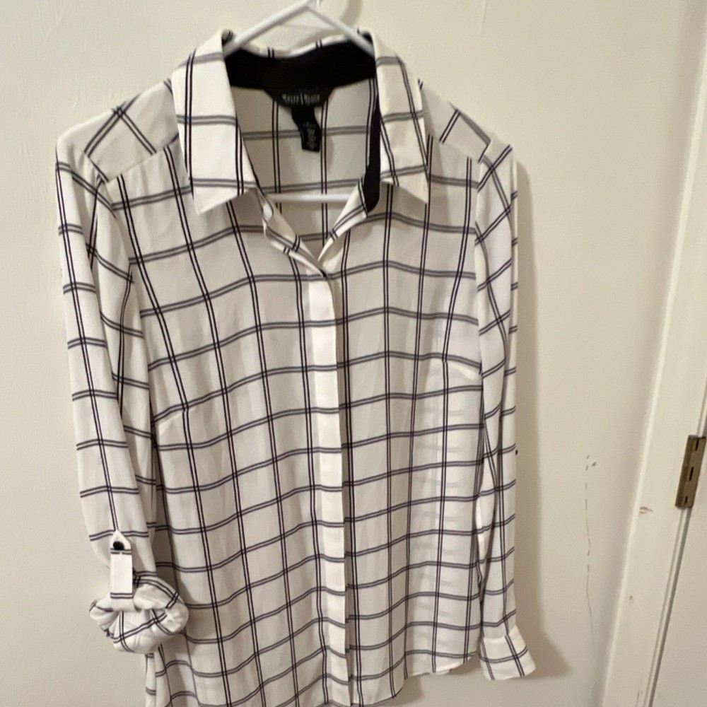 White House Black Market White Black Plaid Button-Up Blouse Roll Tab Sleeve 6