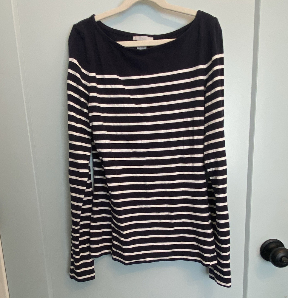 H&M Women’s Top Size S Navy/White Striped Boat Neck Long Sleeve Pullover