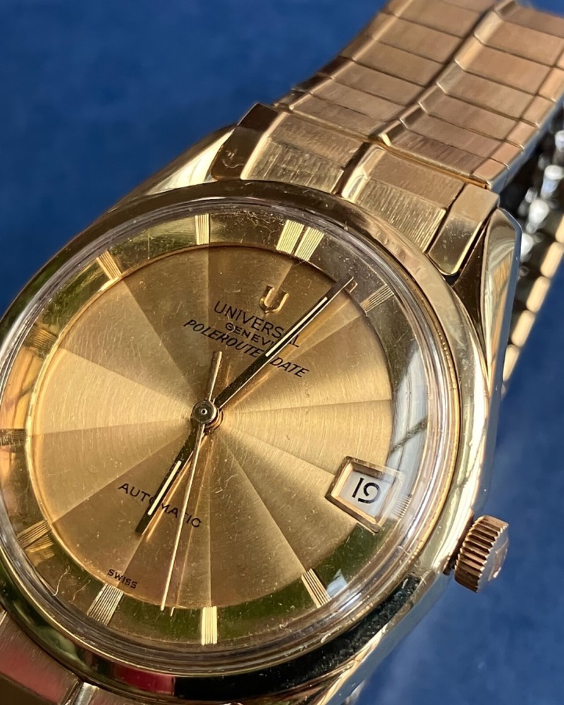 Universal Geneve Polerouter Auto Date GP 35mm case brclt CH Guilloche dial